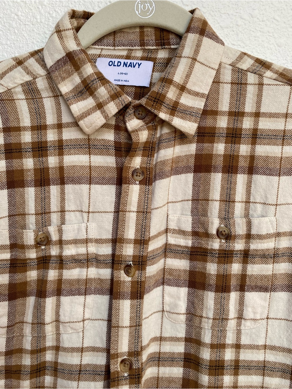 Old Navy Brown and Cream Plaid Flannel Button-Down Shirt - Boy’s Large